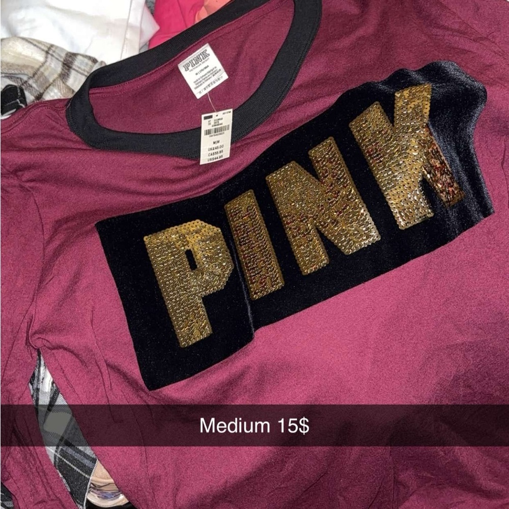 PINK Victoria's Secret Kids Long Sleeve Shirt - Burgundy and Black with Gold